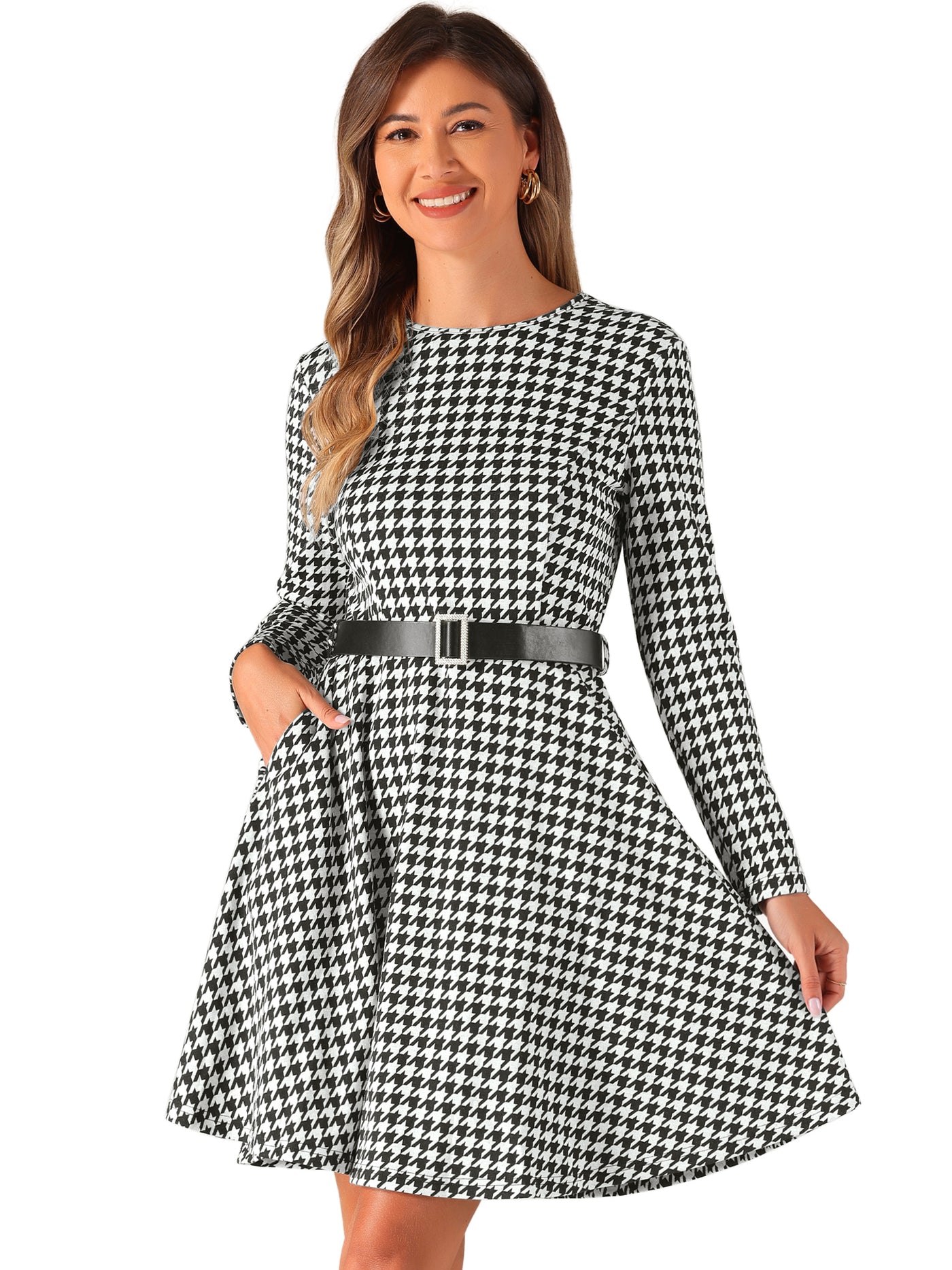 Allegra K Houndstooth Round Neck Long Sleeves Belt Pockets A-Line Dress