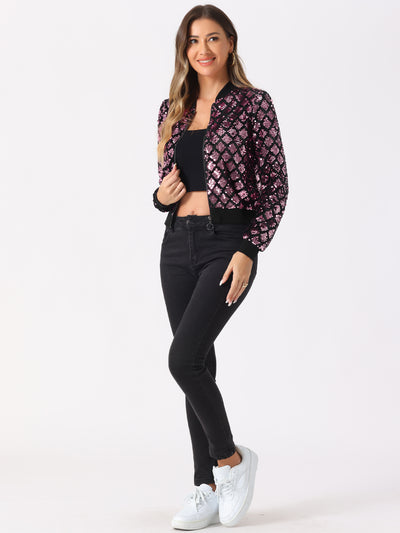 Sequin Long Sleeve Zipper Up Glitter Bomber Jacket