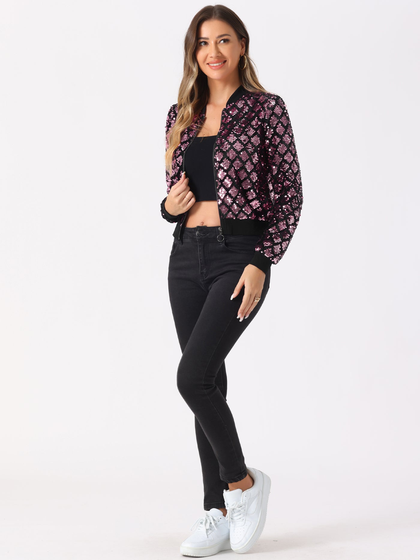 Allegra K Sequin Long Sleeve Zipper Up Glitter Bomber Jacket