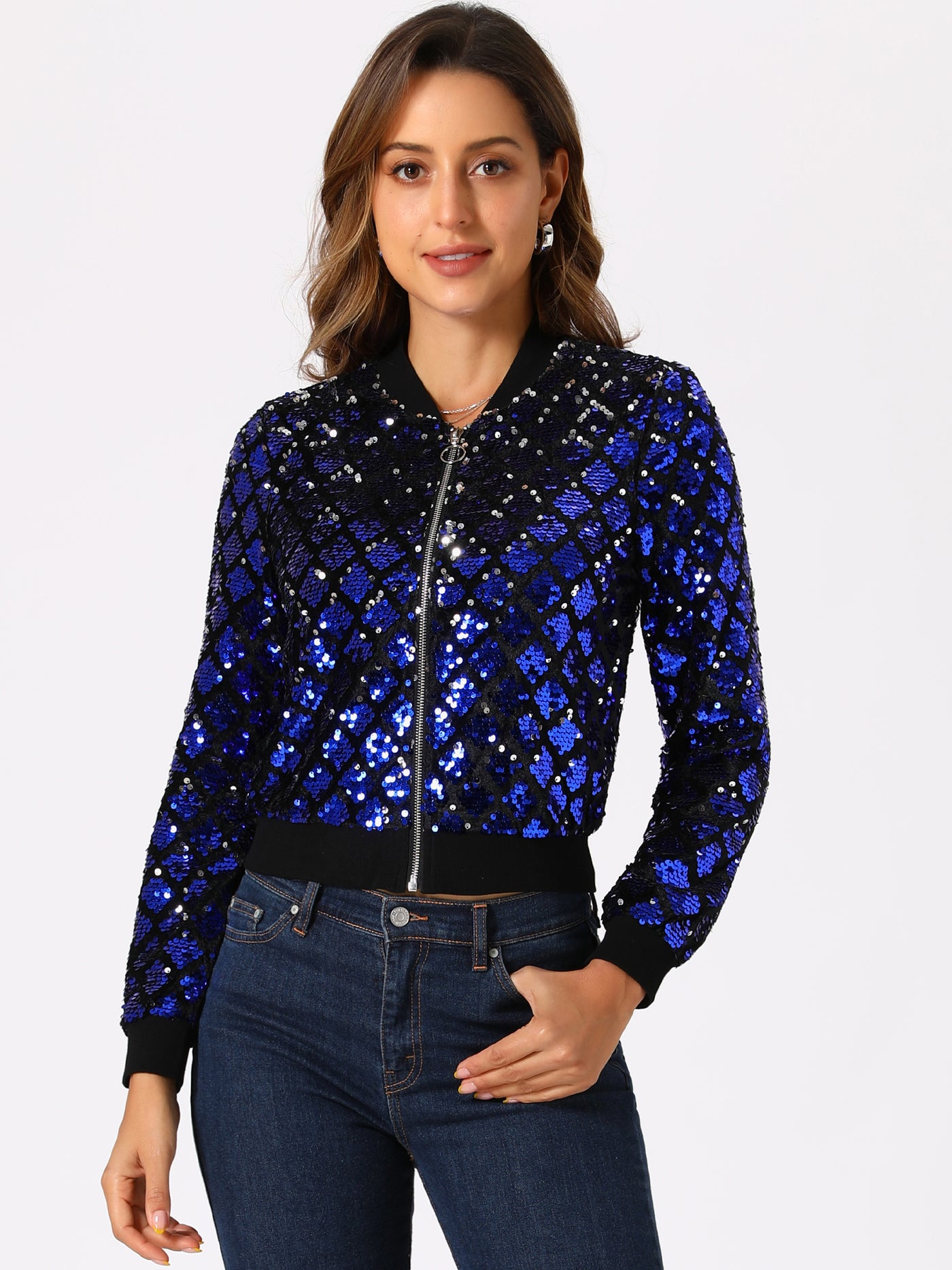 Allegra K Sequin Long Sleeve Zipper Up Glitter Bomber Jacket