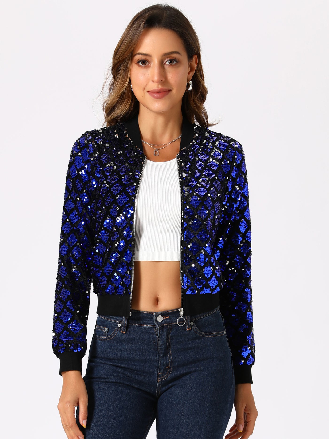 Allegra K Sequin Long Sleeve Zipper Up Glitter Bomber Jacket