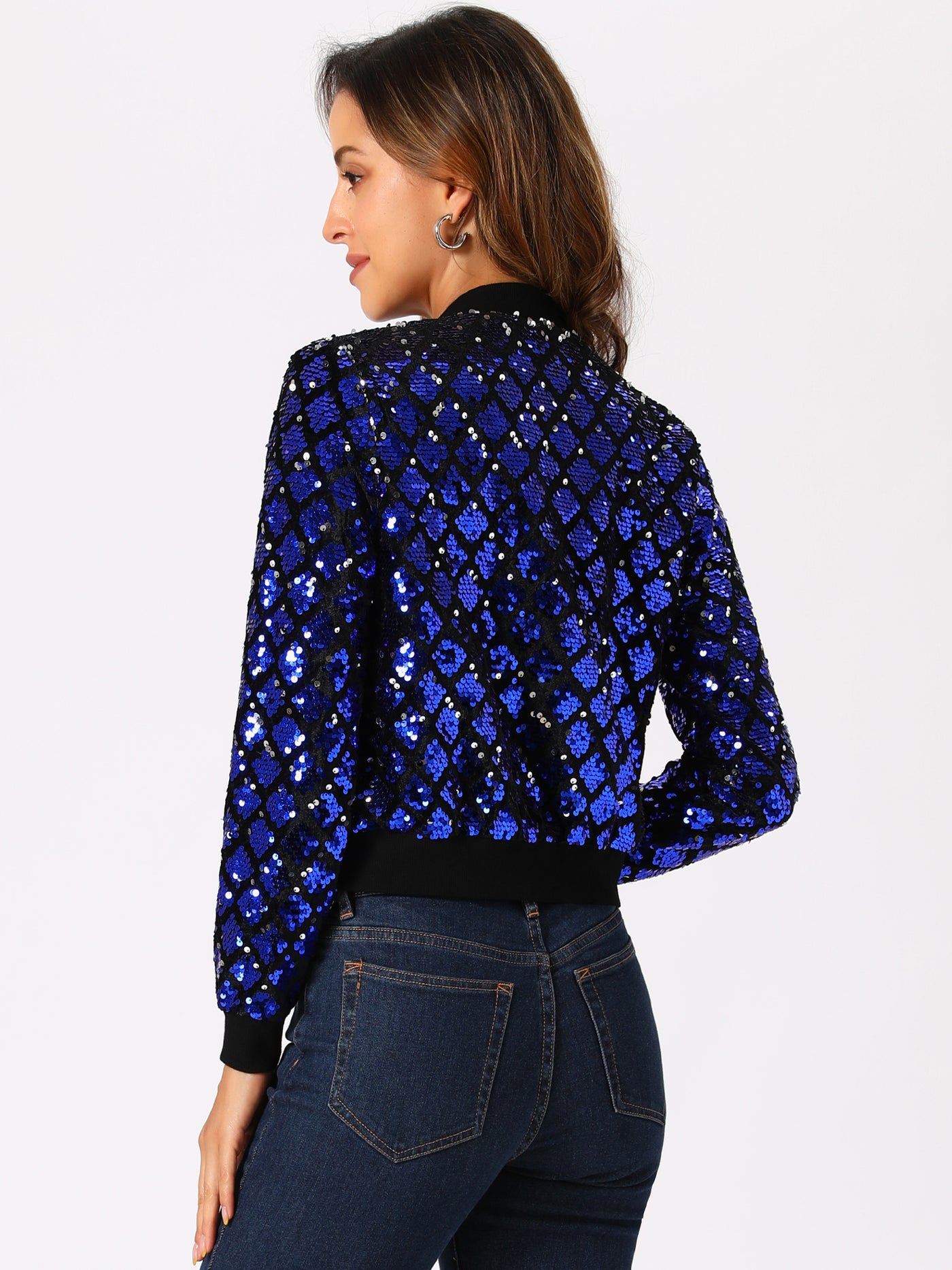 Allegra K Sequin Long Sleeve Zipper Up Glitter Bomber Jacket