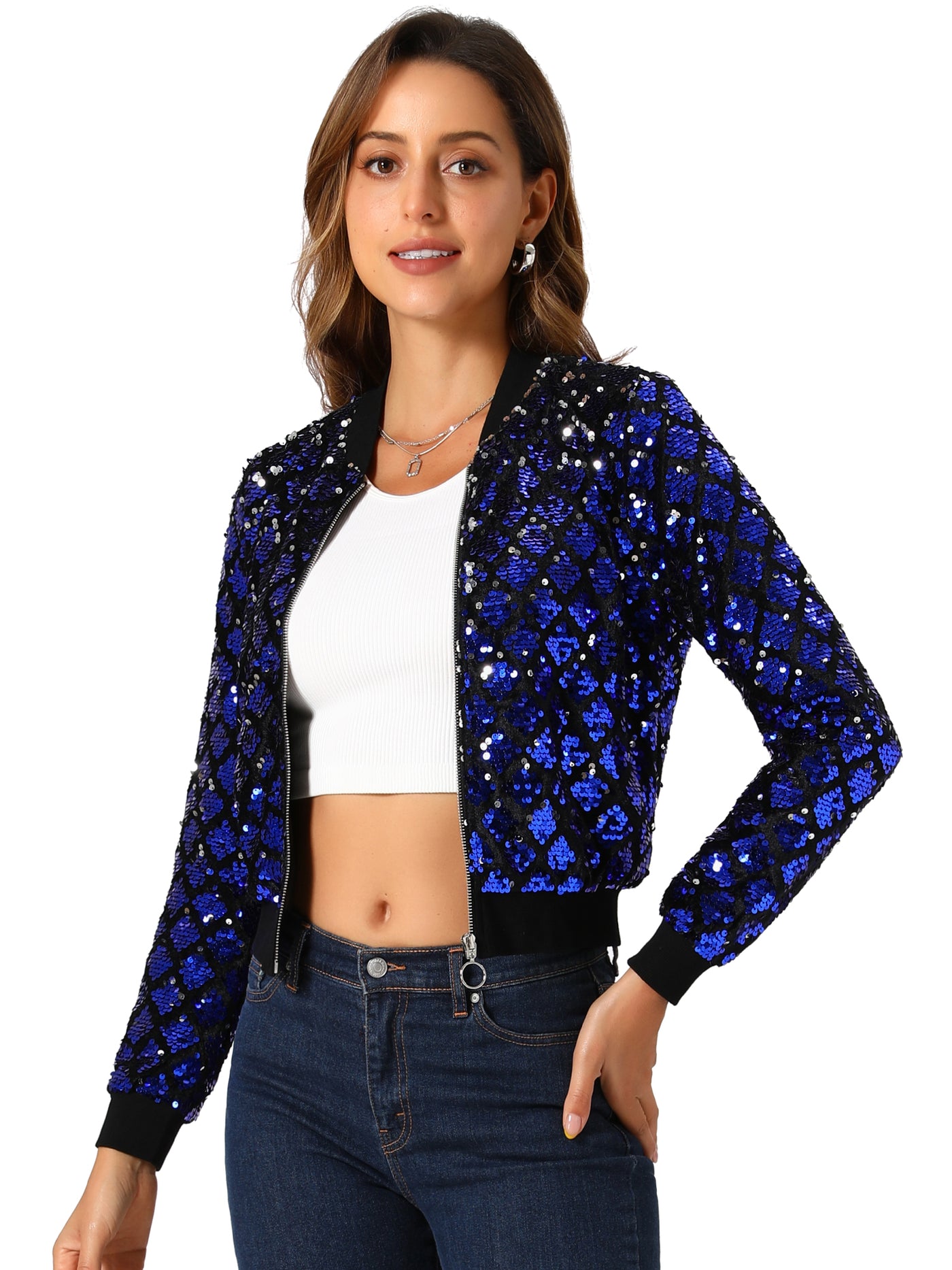 Allegra K Sequin Long Sleeve Zipper Up Glitter Bomber Jacket