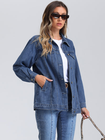 Allegra K Oversized Denim Long Sleeve Pocketed Jean Jacket