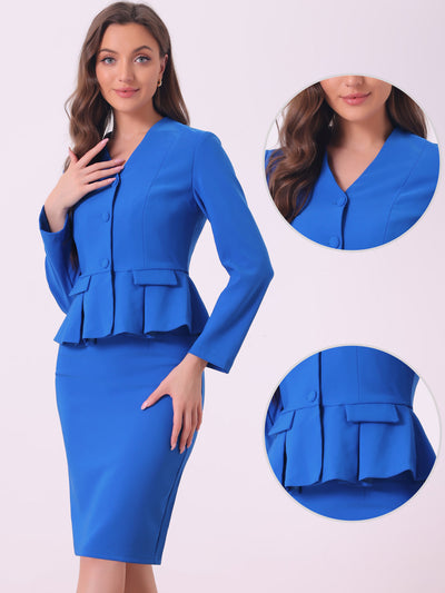 2 Piece Long Sleeve Collarless Peplum Blazer and Pencil Skirt Work Suit Set