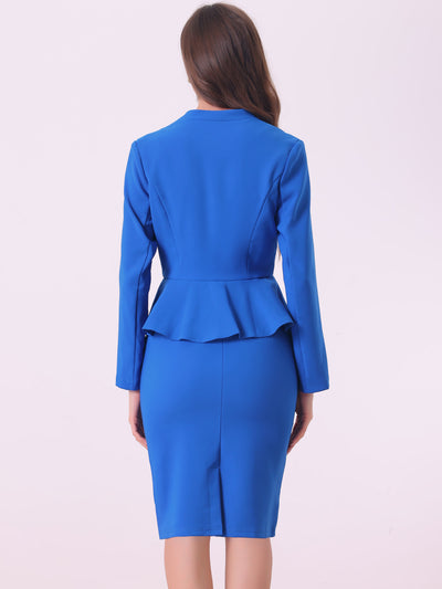 2 Piece Long Sleeve Collarless Peplum Blazer and Pencil Skirt Work Suit Set