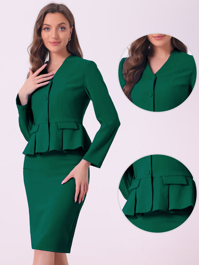 2 Piece Long Sleeve Collarless Peplum Blazer and Pencil Skirt Work Suit Set