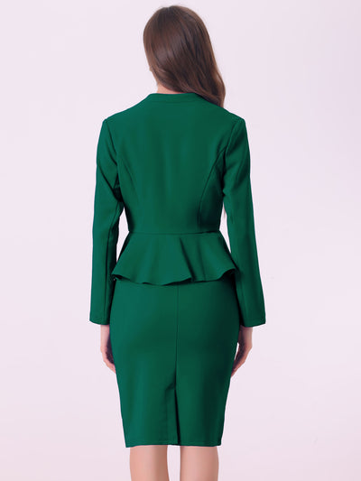 2 Piece Long Sleeve Collarless Peplum Blazer and Pencil Skirt Work Suit Set