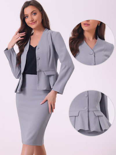 2 Piece Long Sleeve Collarless Peplum Blazer and Pencil Skirt Work Suit Set