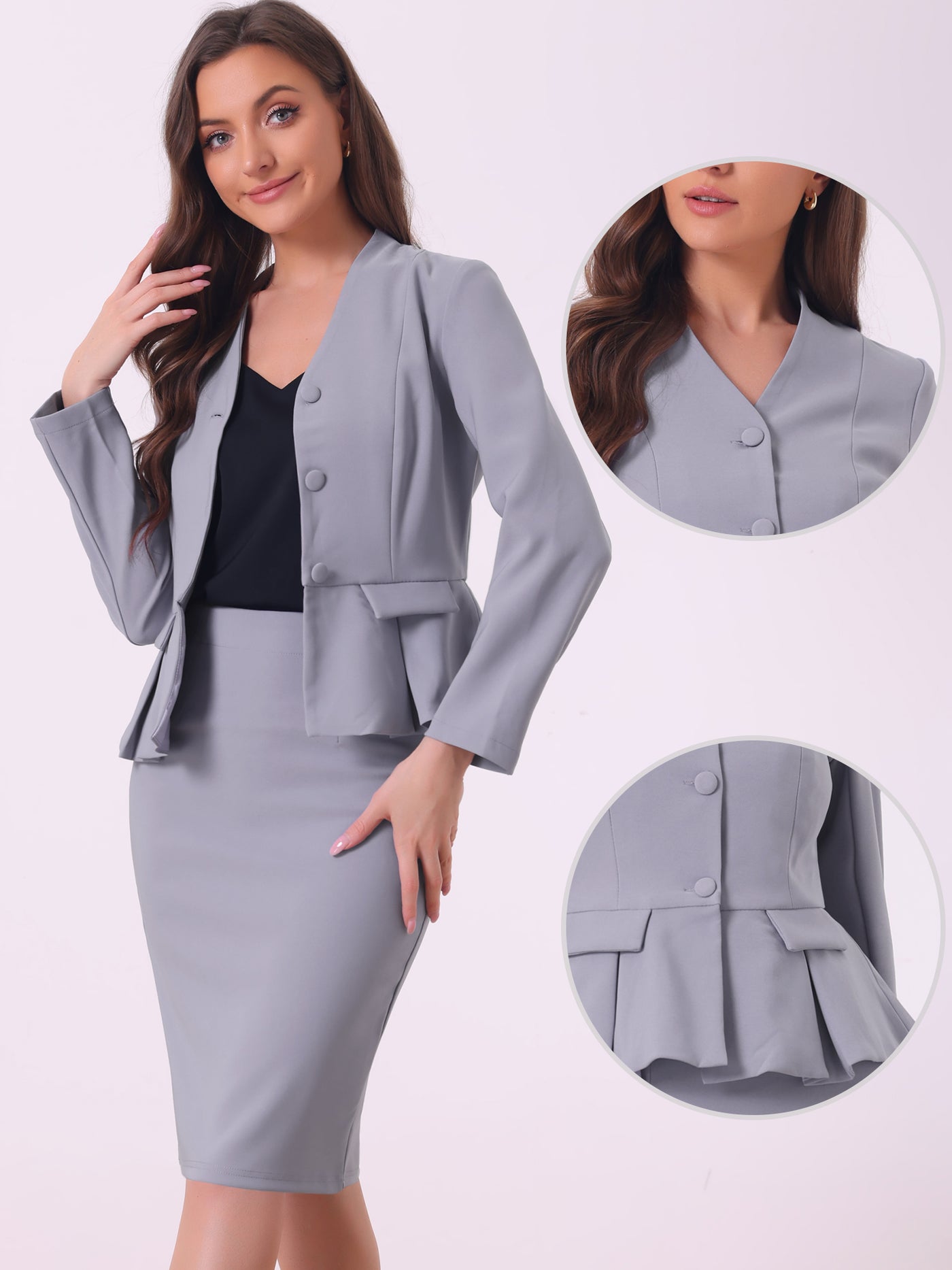 Allegra K 2 Piece Long Sleeve Collarless Peplum Blazer and Pencil Skirt Work Suit Set