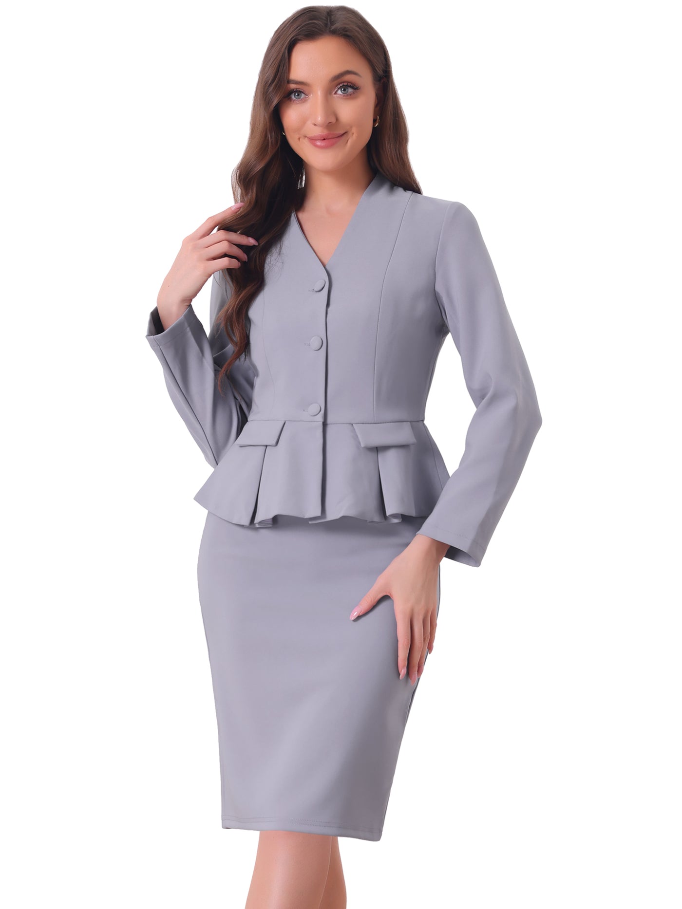 Allegra K 2 Piece Long Sleeve Collarless Peplum Blazer and Pencil Skirt Work Suit Set