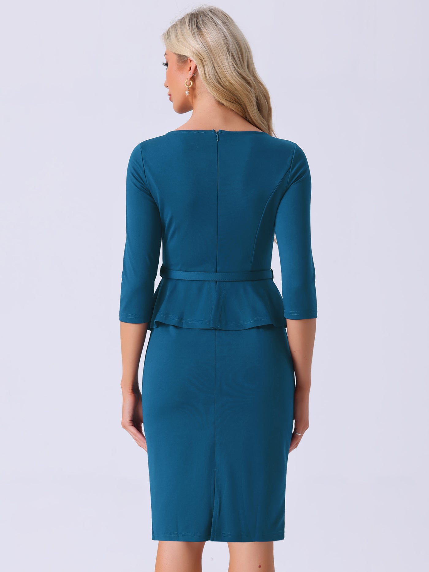 Allegra K 3/4 Sleeve Midi Bodycon Peplum Sheath Pencil Dress