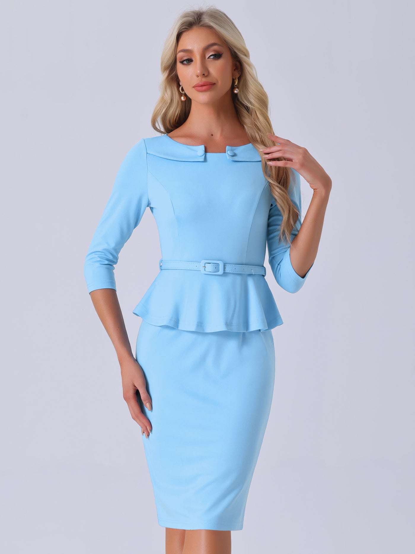 Allegra K 3/4 Sleeve Midi Bodycon Peplum Sheath Pencil Dress