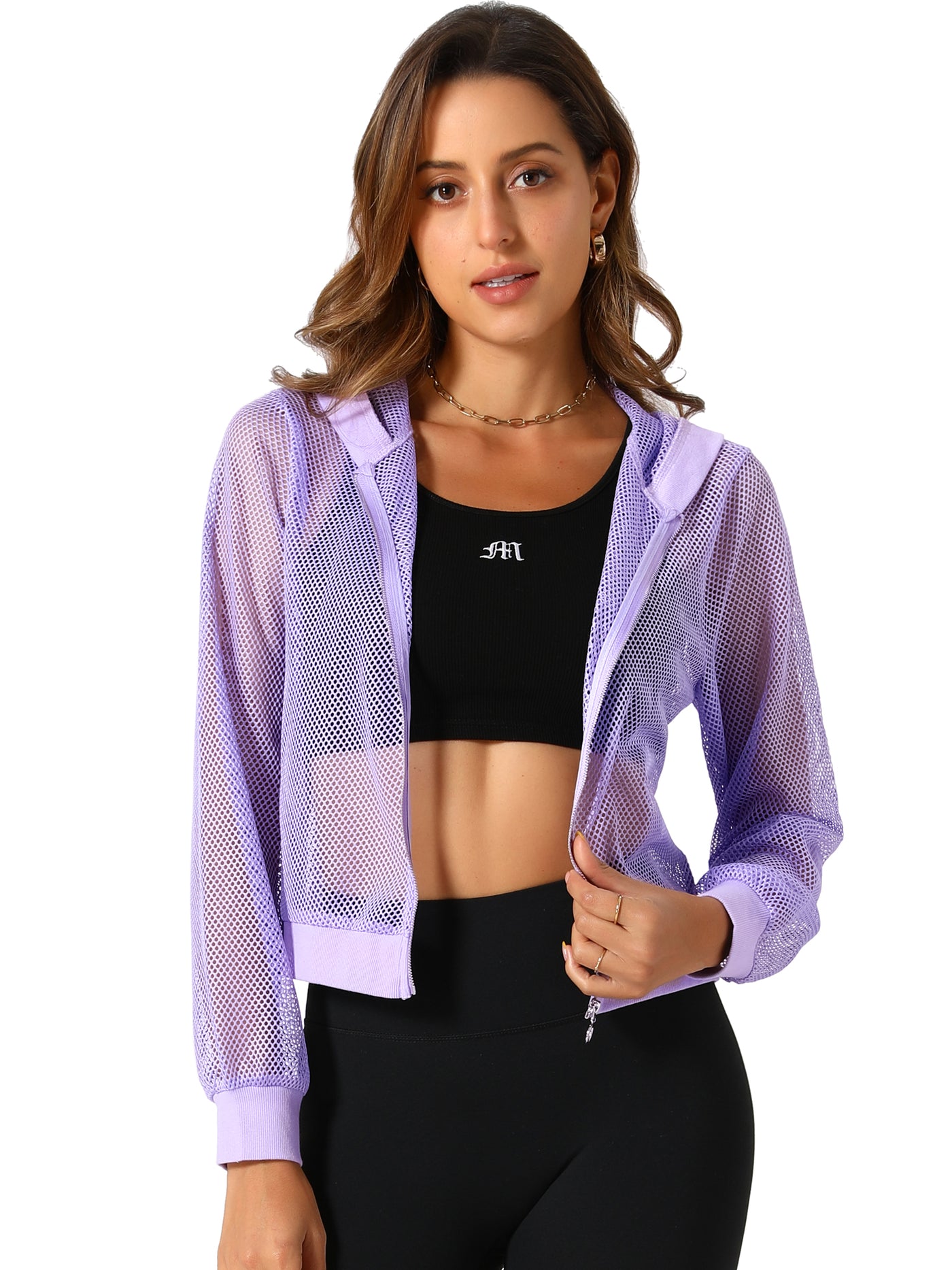 Allegra K Zip Up Long Sleeve Mesh Sheer Hoodie Bomber Jackets