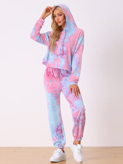 Allegra K 2PCS Tie Dye Pullover Hoodie & Drawstring Jogging Tracksuit Sports Outfit