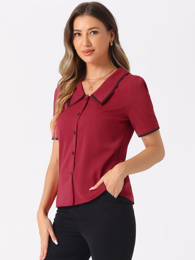 Allegra K Short Sleeve Chiffon Collared Casual Work Button Down Blouse