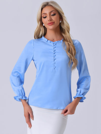 Ruffle Neck Bubble Sleeve Elastic Cuff Button Satin Blouse