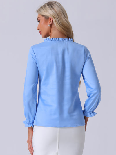 Ruffle Neck Bubble Sleeve Elastic Cuff Button Satin Blouse