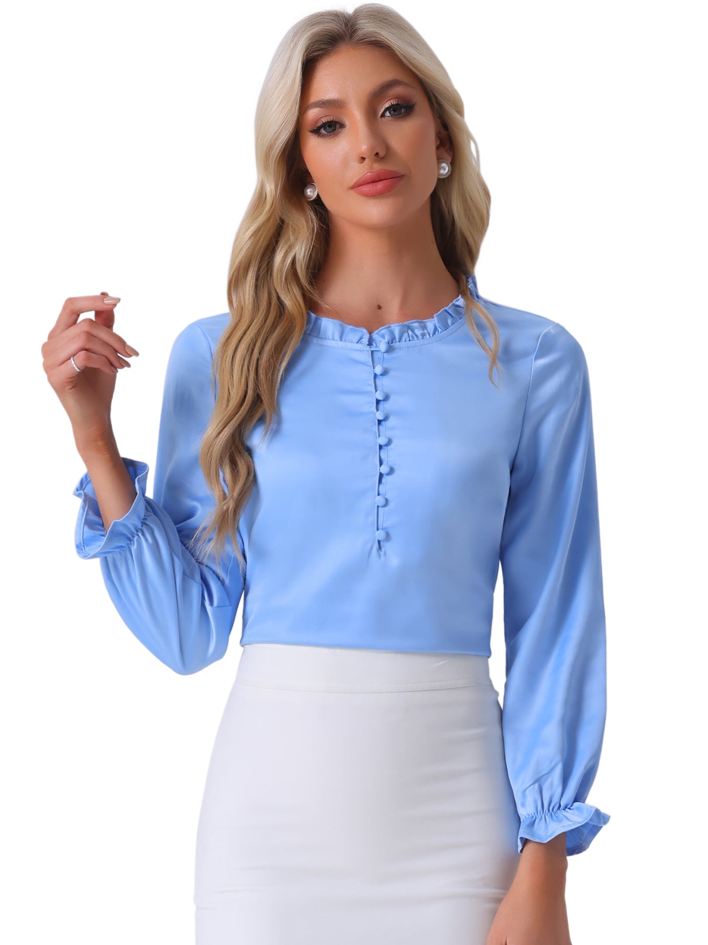 Allegra K Ruffle Neck Bubble Sleeve Elastic Cuff Button Satin Blouse