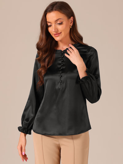 Ruffle Neck Bubble Sleeve Elastic Cuff Button Satin Blouse