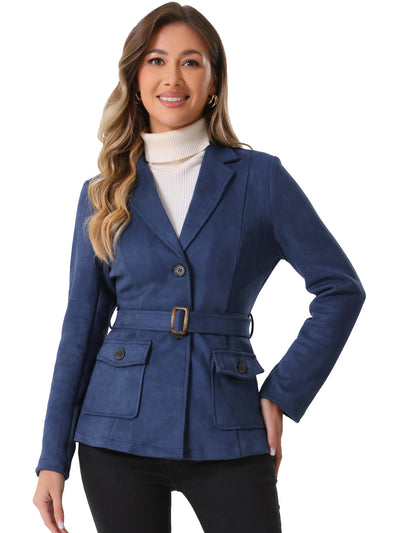 Faux Suede Blazer Belted Lapel Outwear Single Breasted Work Jacket