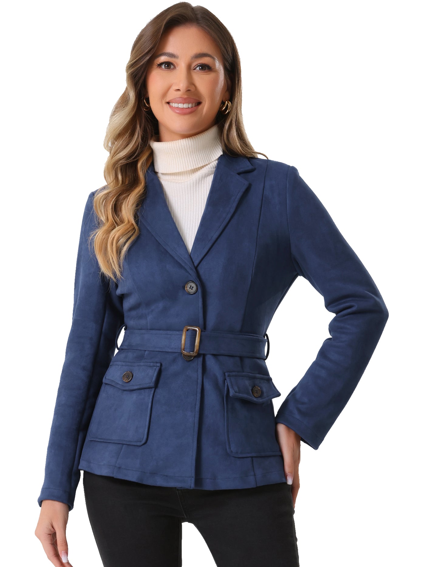 Allegra K Faux Suede Blazer Belted Lapel Outwear Single Breasted Work Jacket