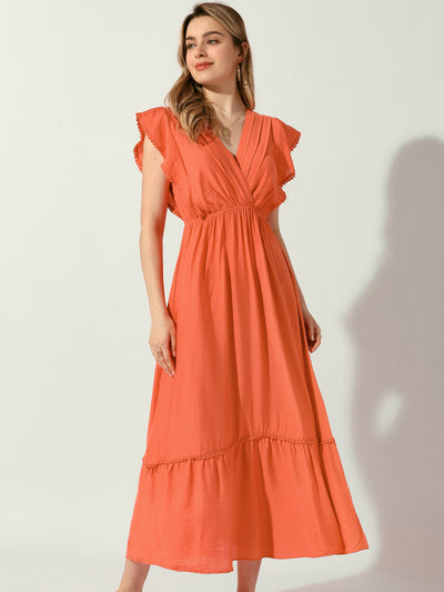 Allegra K Pleated Ruffles Sleeves Solid Color Vacation Maxi Dress