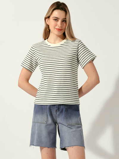 Casual Striped Crew Neck Textured Short Sleeve Knit Tops