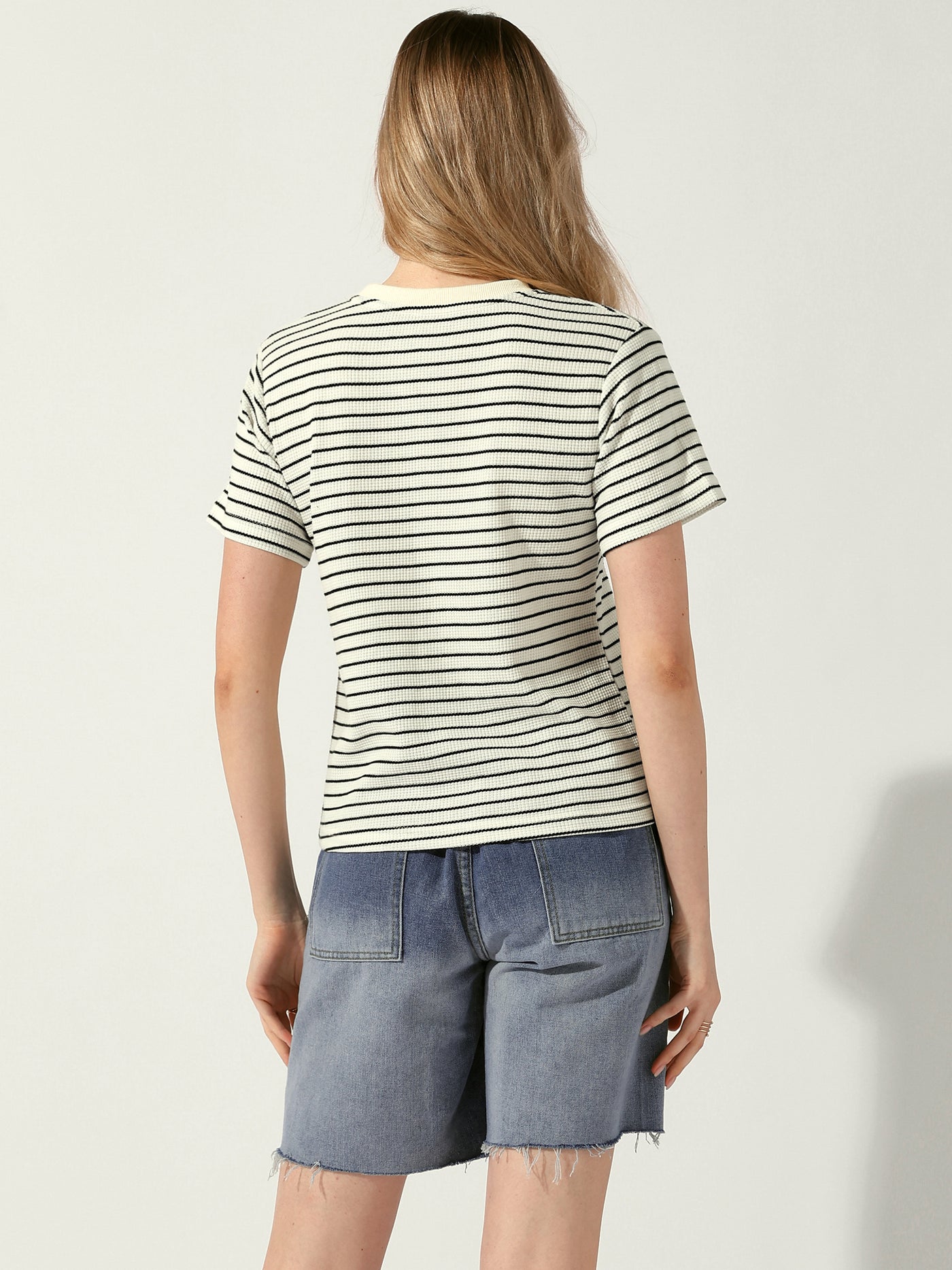 Allegra K Casual Striped Crew Neck Textured Short Sleeve Knit Tops