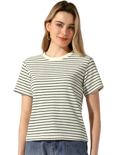 Casual Striped Crew Neck Textured Short Sleeve Knit Tops