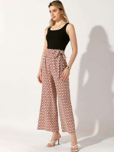 Printed Elastic Tie Waist Summer Boho Wide Leg Long Pant