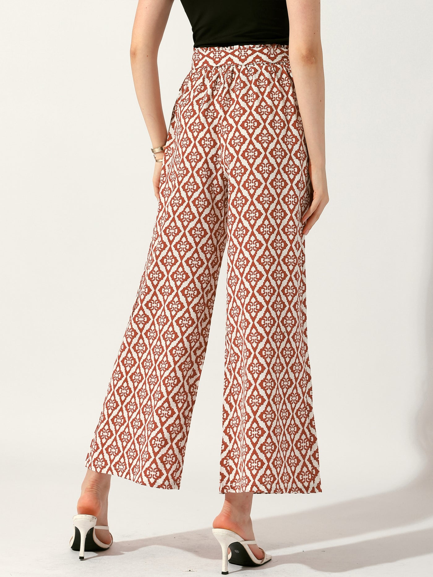 Allegra K Printed Elastic Tie Waist Summer Boho Wide Leg Long Pant