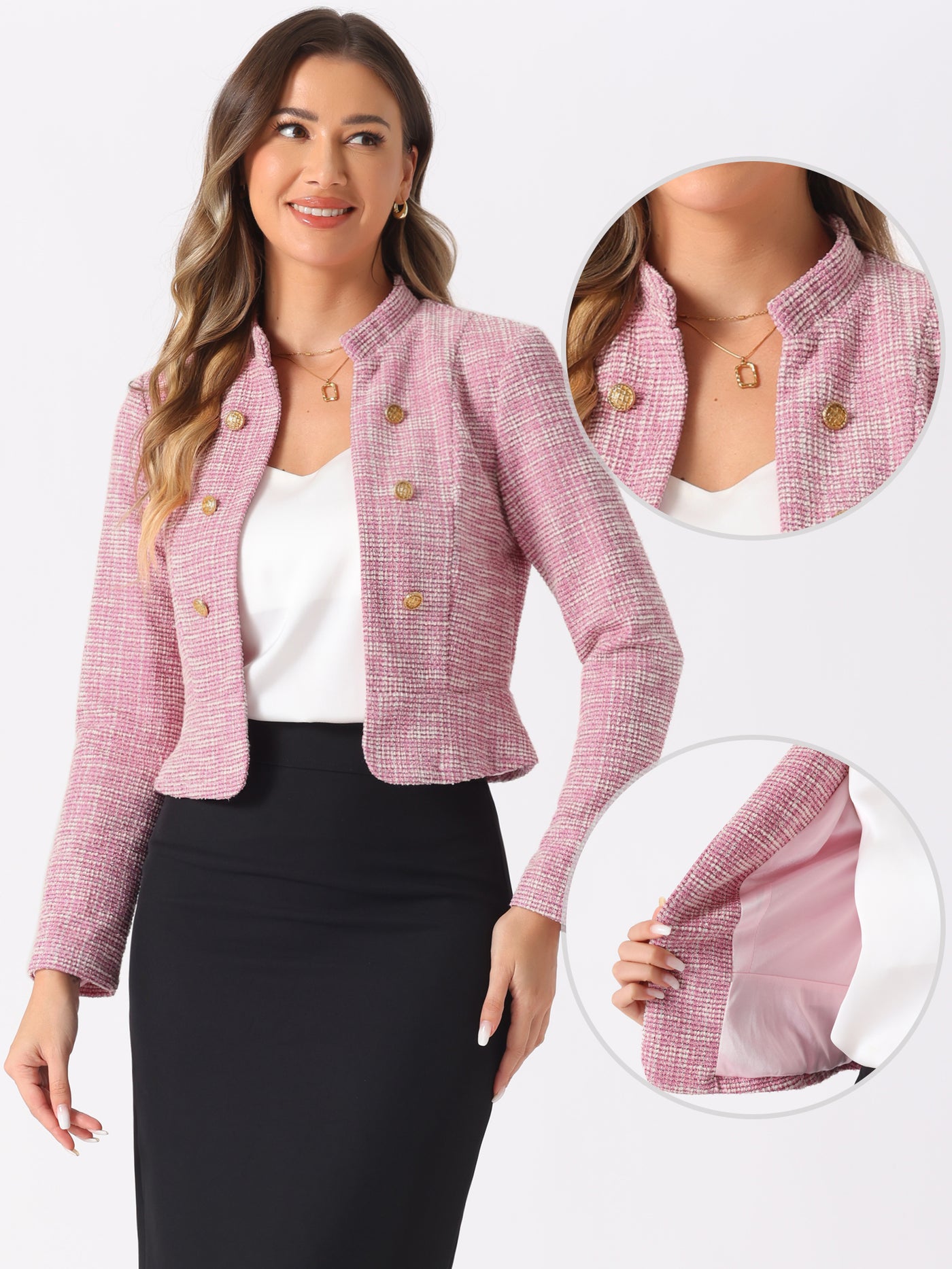 Allegra K Vintage Tweed Plaid Slim Fit Work Office Cropped Jacket