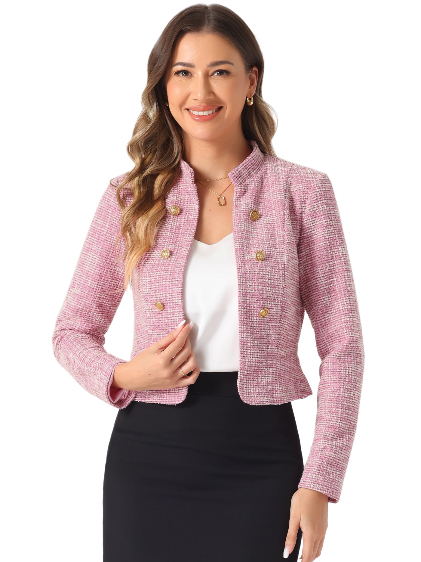 Allegra K Vintage Tweed Plaid Slim Fit Work Office Cropped Jacket