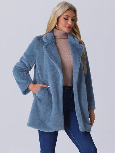 Lapel Collar Faux Fur Fuzzy Winter Warm Pockets Coat Jacket