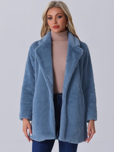 Lapel Collar Faux Fur Fuzzy Winter Warm Pockets Coat Jacket