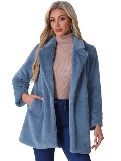 Lapel Collar Faux Fur Fuzzy Winter Warm Pockets Coat Jacket