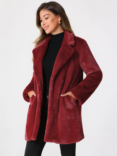 Lapel Collar Faux Fur Fuzzy Winter Warm Pockets Coat Jacket