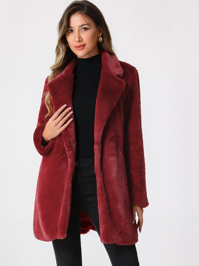 Lapel Collar Faux Fur Fuzzy Winter Warm Pockets Coat Jacket