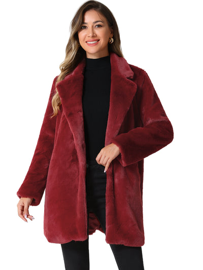 Lapel Collar Faux Fur Fuzzy Winter Warm Pockets Coat Jacket