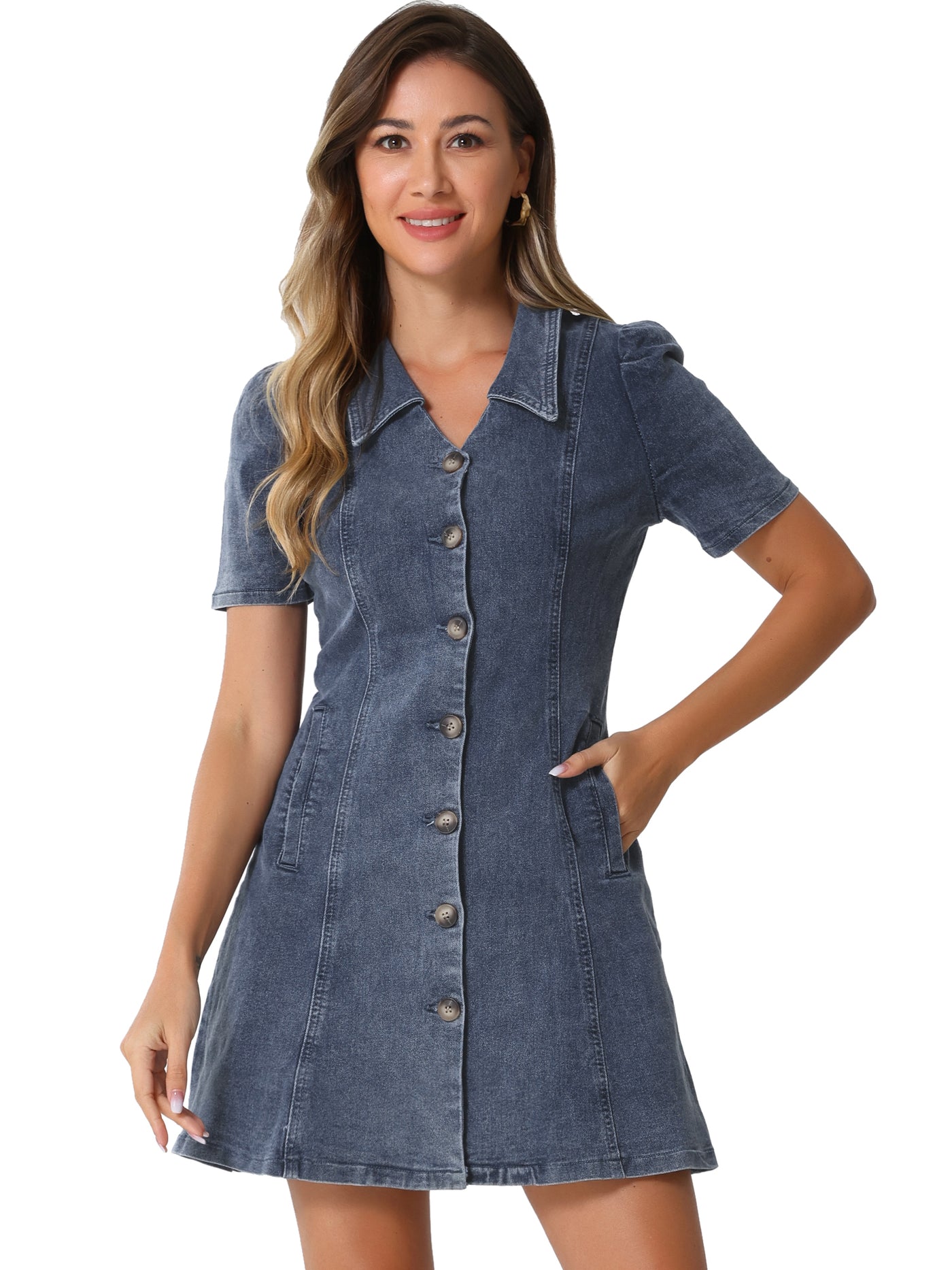 Allegra K Button Down Collared Short Sleeve Jean Denim Shirt Dress