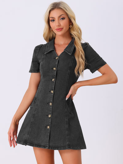 Button Down Collared Short Sleeve Jean Denim Shirt Dress