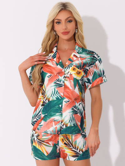 Hawaiian Floral Button Down Shirt Shorts Tropical 2 Pieces Sets