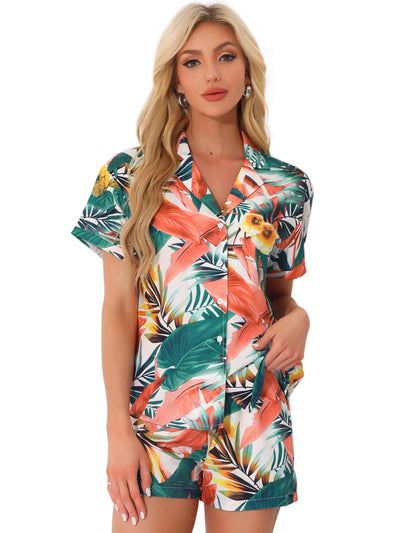 Hawaiian Floral Button Down Shirt Shorts Tropical 2 Pieces Sets