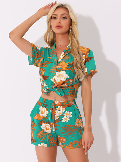 Hawaiian Floral Button Down Shirt Shorts Tropical 2 Pieces Sets