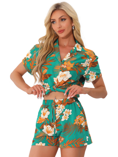 Hawaiian Floral Button Down Shirt Shorts Tropical 2 Pieces Sets