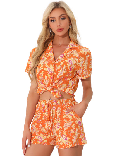 Hawaiian Floral Button Down Shirt Shorts Tropical 2 Pieces Sets