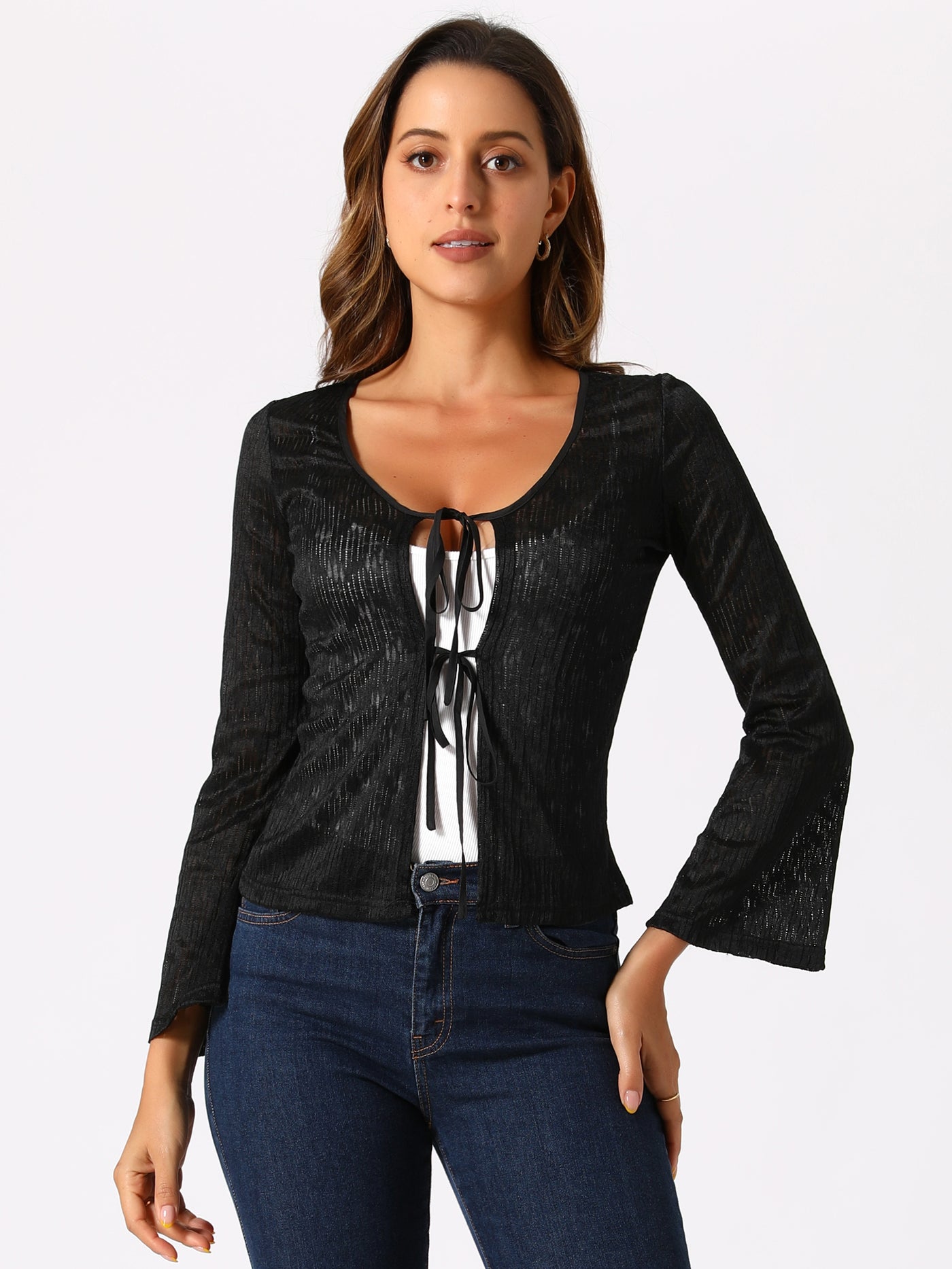 Allegra K Lace Tie Front Bell Long Sleeve Bolero Cover Up