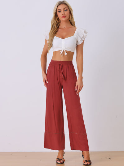 Casual Loose High Waist Drawstring Wide Leg Palazzo Paper Bag Pants