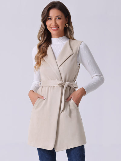 Suede Vest Cardigan Belted Long Jacket Sleeveless Blazer